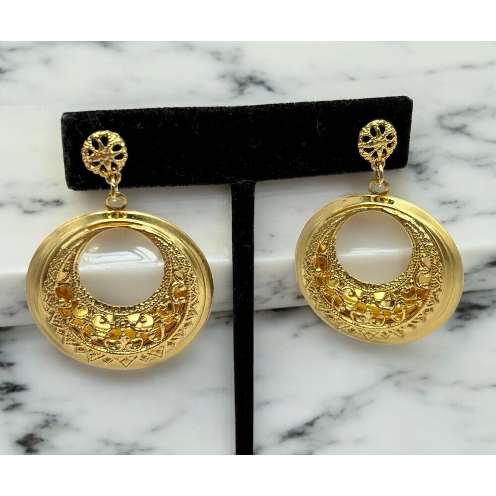 Vintage Gold Tone Filigree Drop Earrings Hoops Classic Elegant Bold 80s